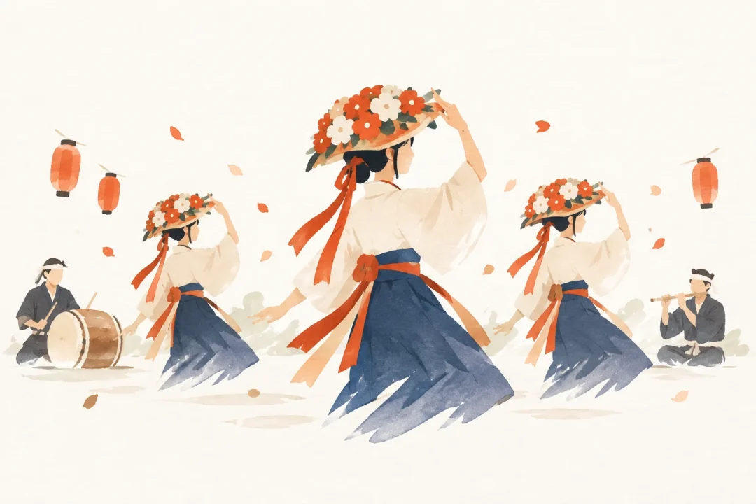 八代の花笠踊をテーマにした祭りのイメージ