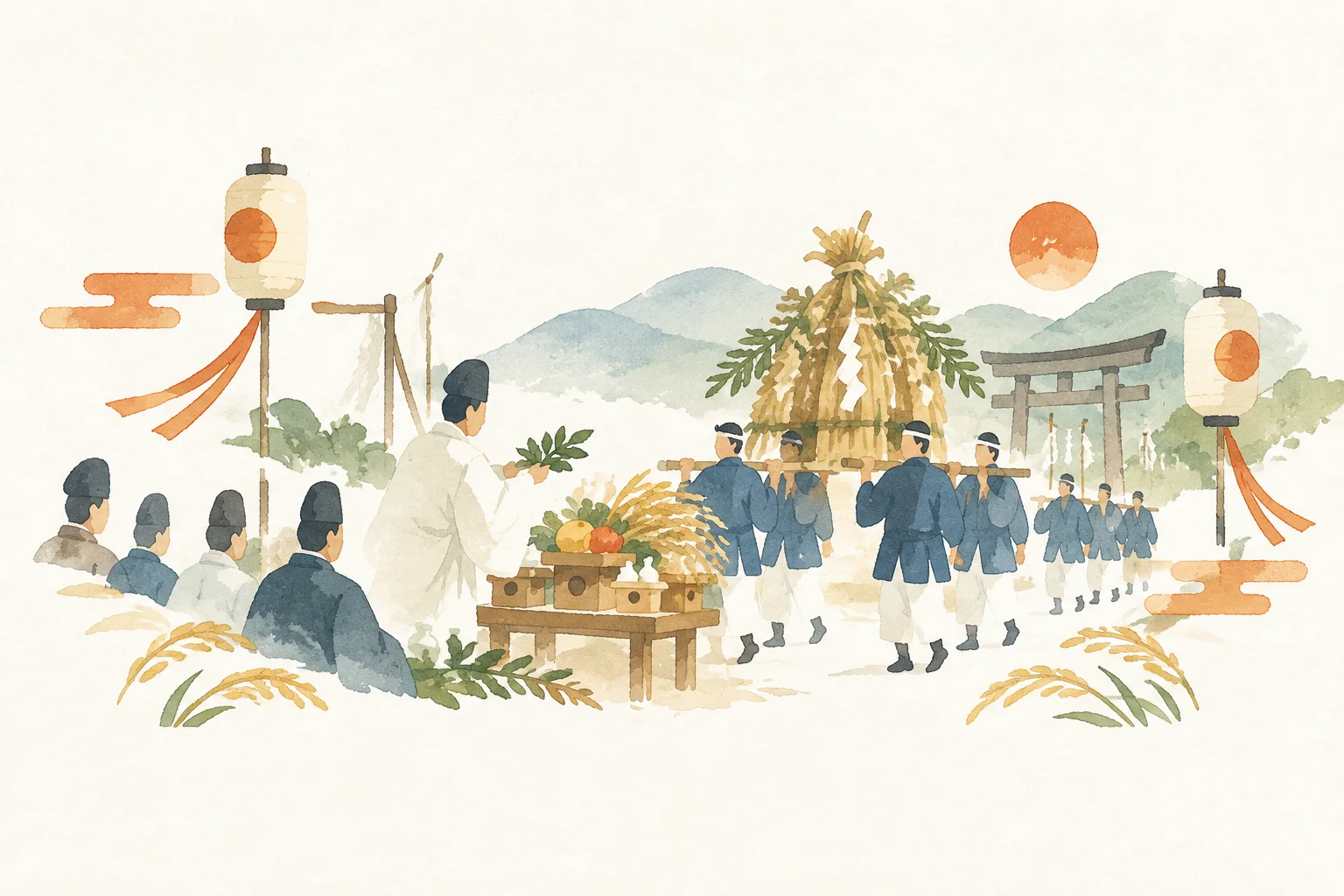 Illustration of a festival themed around the Miyaza rites of Chikuzen Asakura