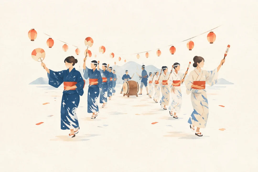 対馬美津島の盆踊をテーマにした祭りのイメージ