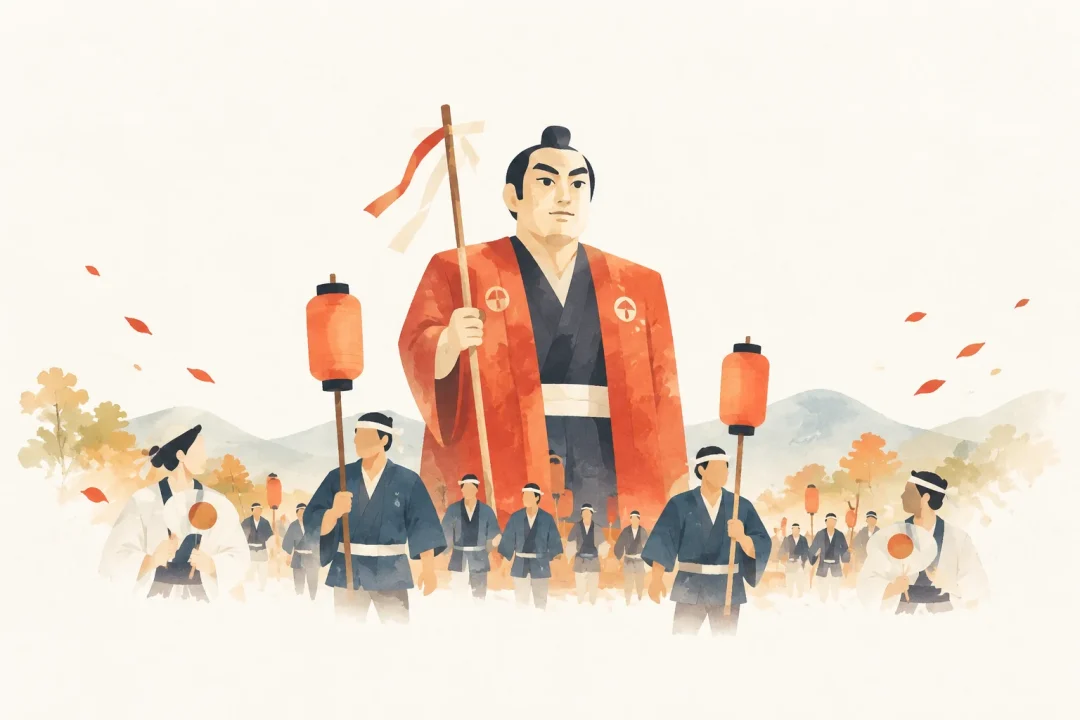 日向の弥五郎人形行事をテーマにした祭りのイメージ